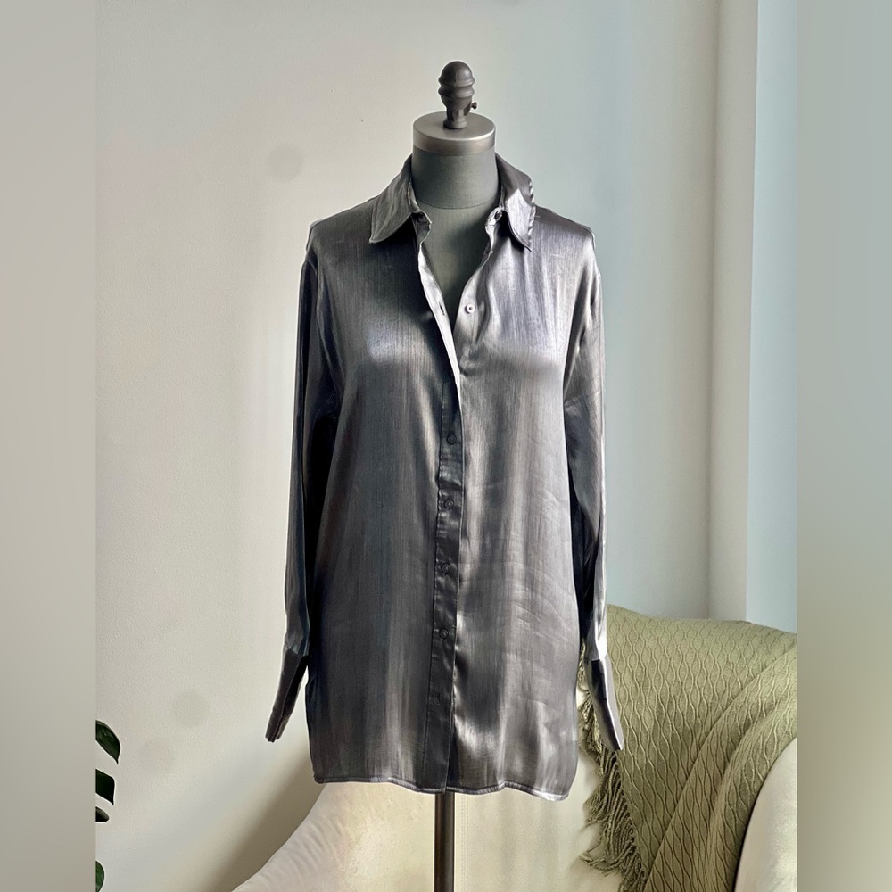 Silver Button Down Blouse Euc - image 1